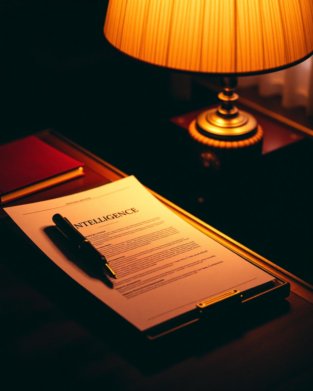 Confidential intelligence briefing on a boardroom desk