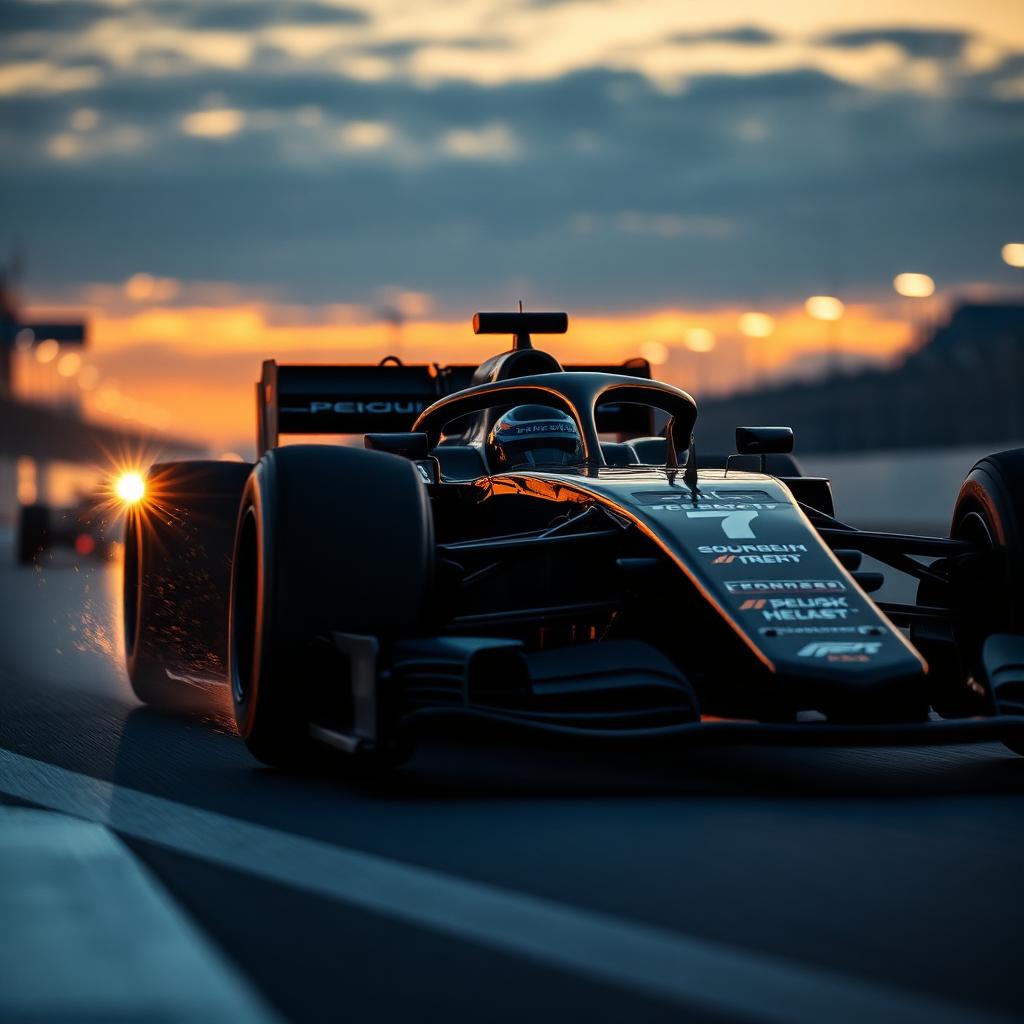 Formula 1 car on track at dusk